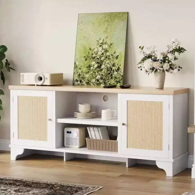Rattan TV Stand Fits TVs Up to 70 Inches, Boho Entertainment Center with Cabinets and Open Shelves, Wooden Media Console Table for Living Room