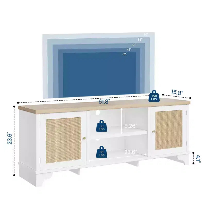 Rattan TV Stand Fits TVs Up to 70 Inches, Boho Entertainment Center with Cabinets and Open Shelves, Wooden Media Console Table for Living Room