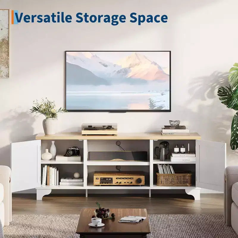 Rattan TV Stand Fits TVs Up to 70 Inches, Boho Entertainment Center with Cabinets and Open Shelves, Wooden Media Console Table for Living Room