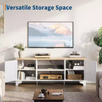 Rattan TV Stand Fits TVs Up to 70 Inches, Boho Entertainment Center with Cabinets and Open Shelves, Wooden Media Console Table for Living Room