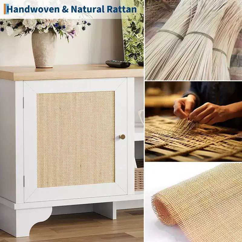 Rattan TV Stand Fits TVs Up to 70 Inches, Boho Entertainment Center with Cabinets and Open Shelves, Wooden Media Console Table for Living Room