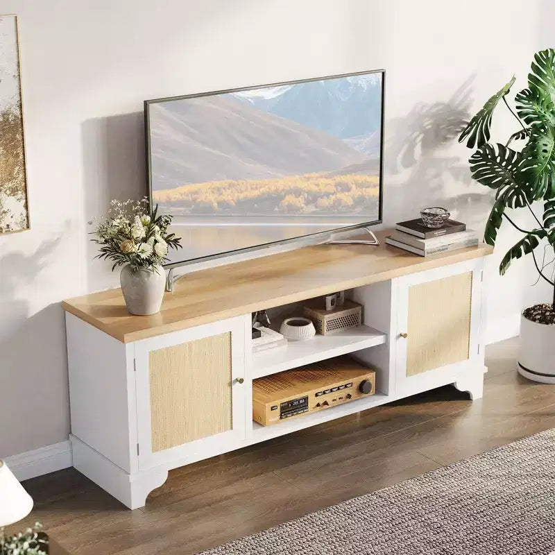 Rattan TV Stand Fits TVs Up to 70 Inches, Boho Entertainment Center with Cabinets and Open Shelves, Wooden Media Console Table for Living Room