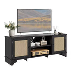 Rattan TV Stand Fits TVs Up to 70 Inches, Boho Entertainment Center with Cabinets and Open Shelves, Wooden Media Console Table for Living Room