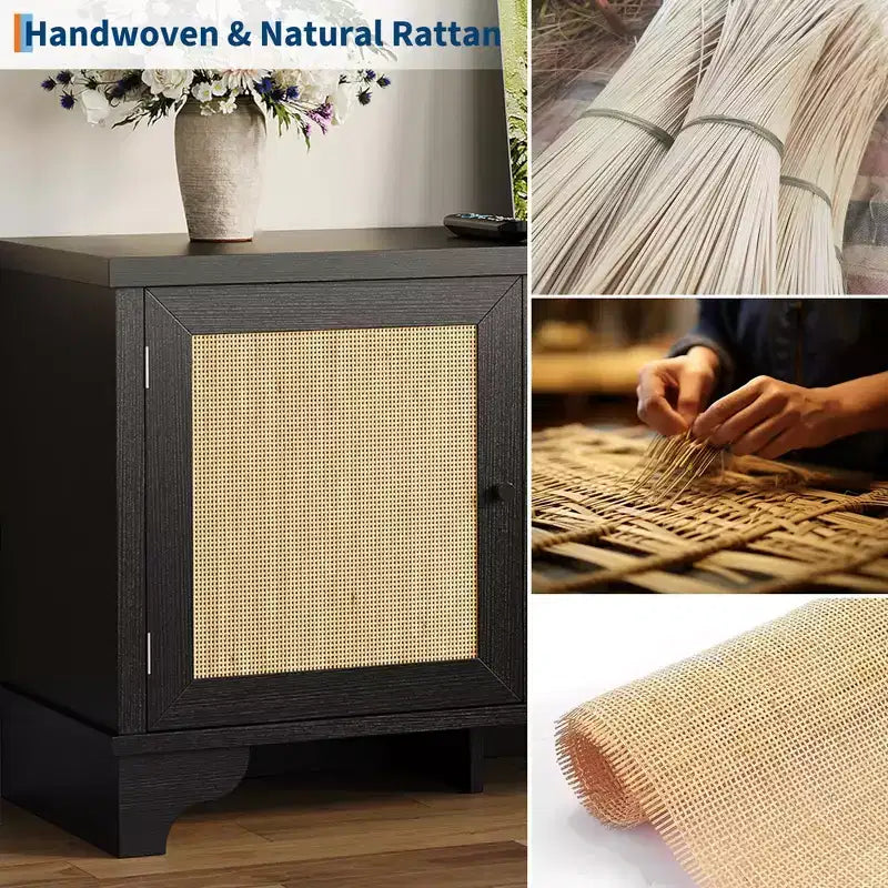 Rattan TV Stand Fits TVs Up to 70 Inches, Boho Entertainment Center with Cabinets and Open Shelves, Wooden Media Console Table for Living Room