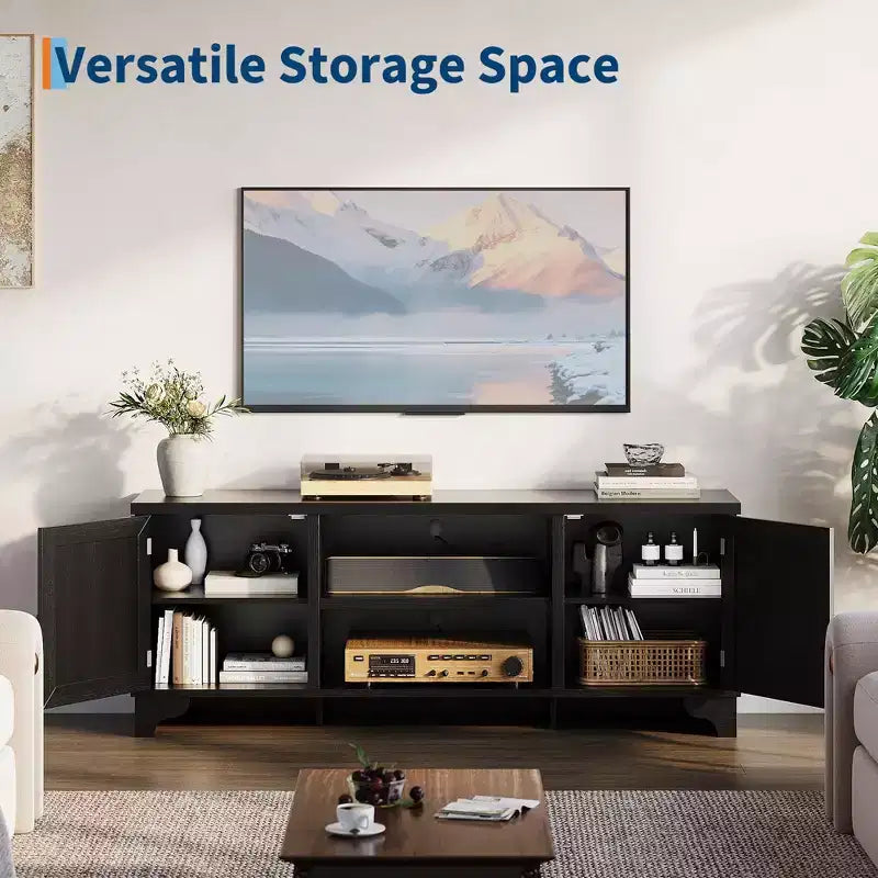 Rattan TV Stand Fits TVs Up to 70 Inches, Boho Entertainment Center with Cabinets and Open Shelves, Wooden Media Console Table for Living Room