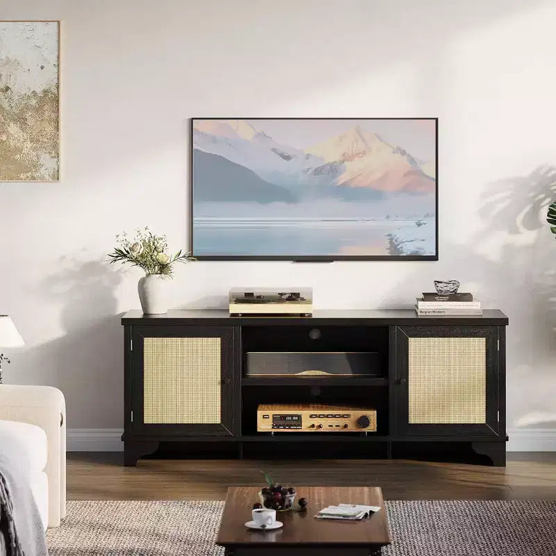 Rattan TV Stand Fits TVs Up to 70 Inches, Boho Entertainment Center with Cabinets and Open Shelves, Wooden Media Console Table for Living Room
