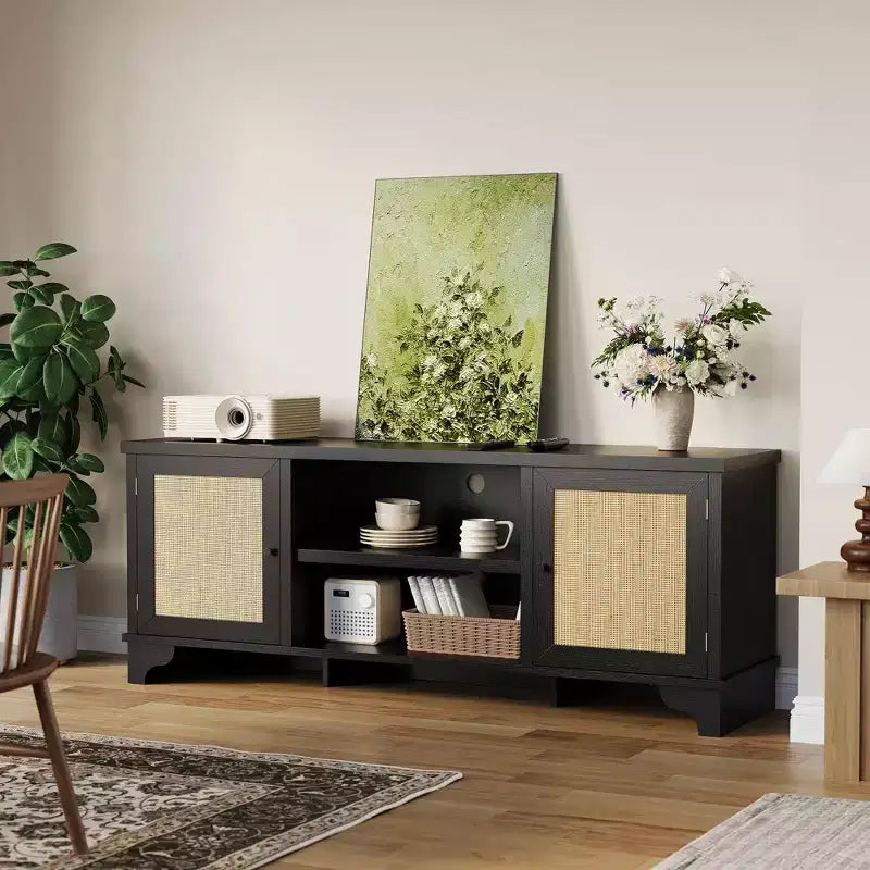 Rattan TV Stand Fits TVs Up to 70 Inches, Boho Entertainment Center with Cabinets and Open Shelves, Wooden Media Console Table for Living Room