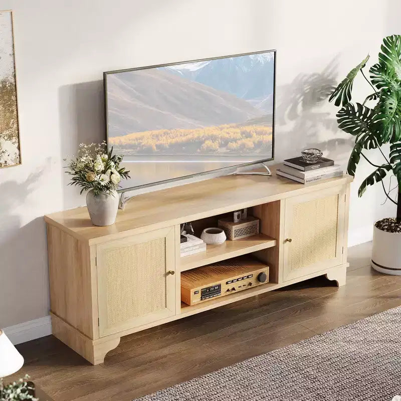 Rattan TV Stand Fits TVs Up to 70 Inches, Boho Entertainment Center with Cabinets and Open Shelves, Wooden Media Console Table for Living Room