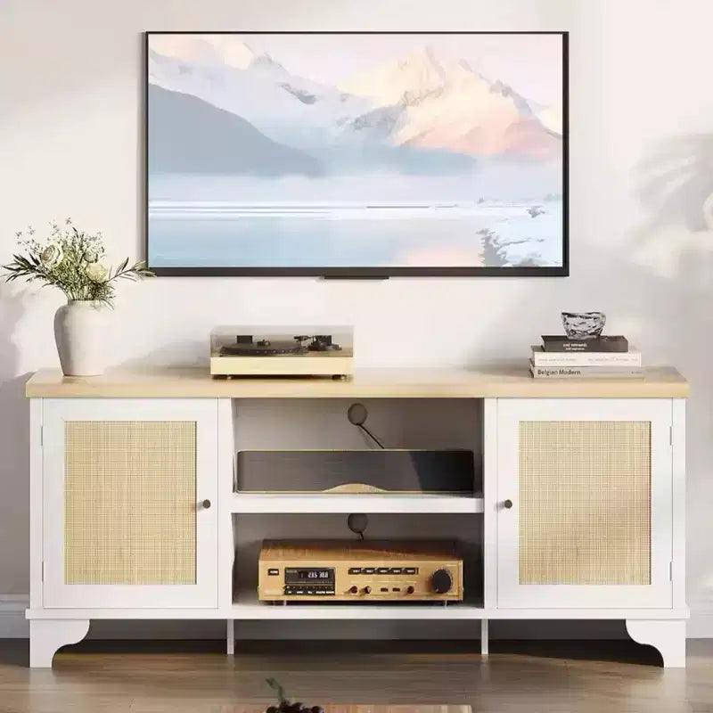 Rattan TV Stand Fits TVs Up to 70 Inches, Boho Entertainment Center with Cabinets and Open Shelves, Wooden Media Console Table for Living Room