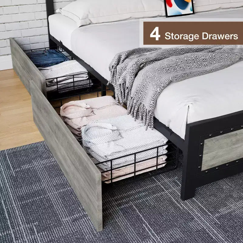 Full Size Bed Frame with 4 Storage Drawers, Metal Slats Support, No Box Spring Needed, Noise-Free Design