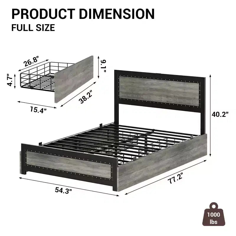 Full Size Bed Frame with 4 Storage Drawers, Metal Slats Support, No Box Spring Needed, Noise-Free Design