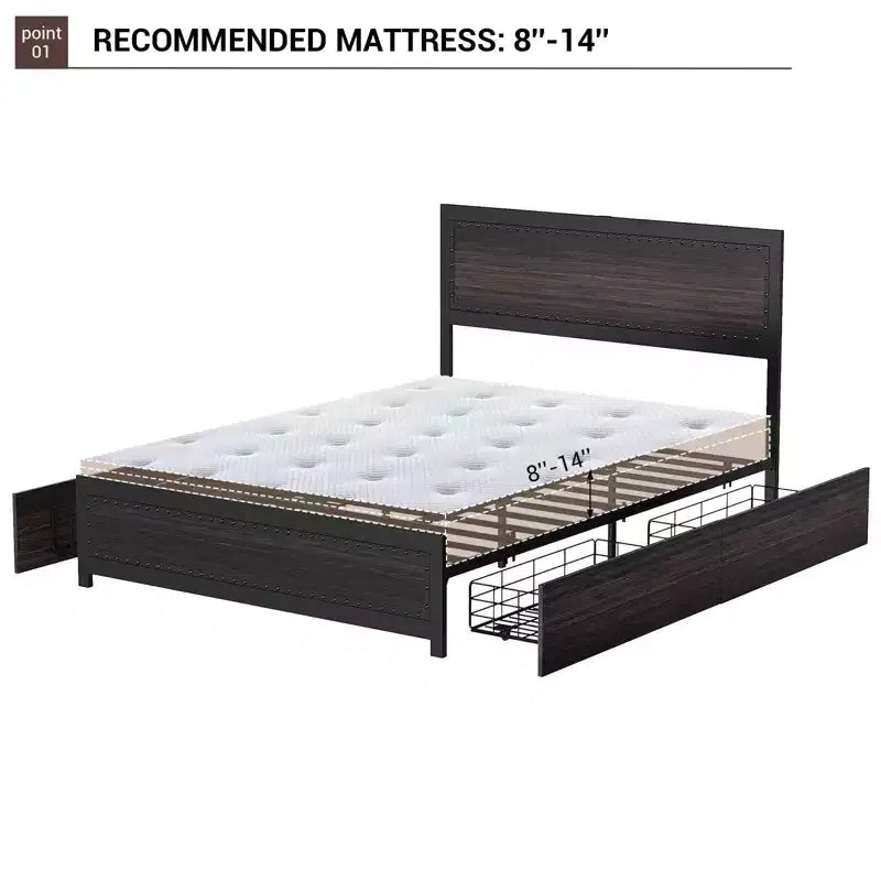 Full Size Bed Frame with 4 Storage Drawers, Metal Slats Support, No Box Spring Needed, Noise-Free Design
