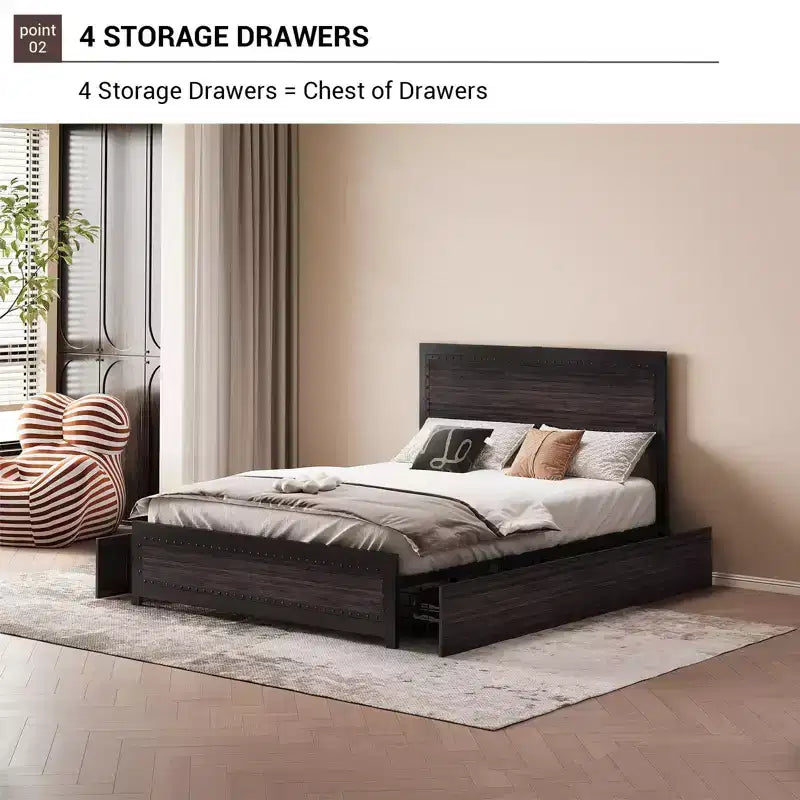 Full Size Bed Frame with 4 Storage Drawers, Metal Slats Support, No Box Spring Needed, Noise-Free Design