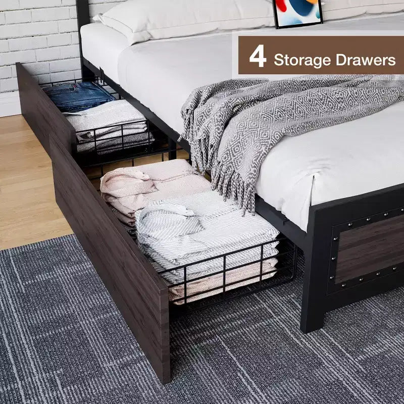 Full Size Bed Frame with 4 Storage Drawers, Metal Slats Support, No Box Spring Needed, Noise-Free Design