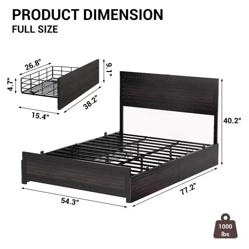 Full Size Bed Frame with 4 Storage Drawers, Metal Slats Support, No Box Spring Needed, Noise-Free Design