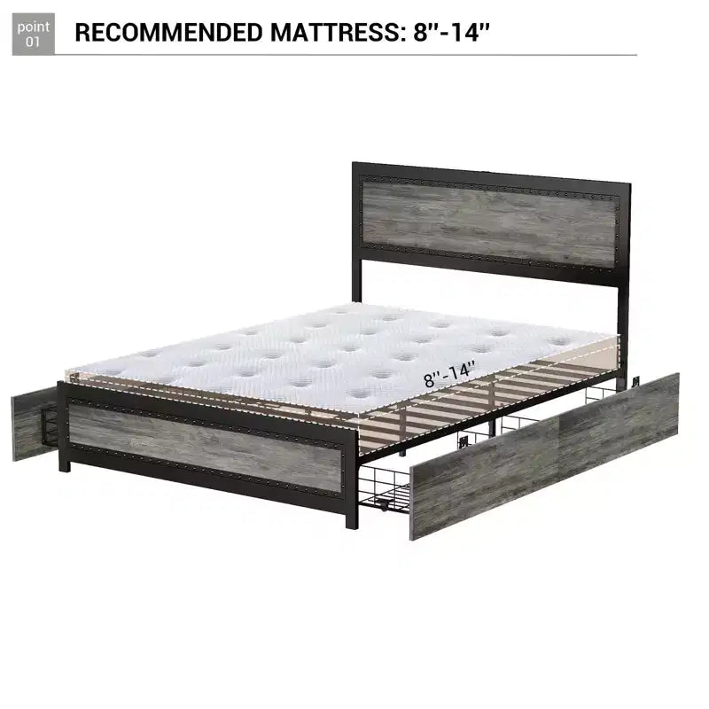 Full Size Bed Frame with 4 Storage Drawers, Metal Slats Support, No Box Spring Needed, Noise-Free Design