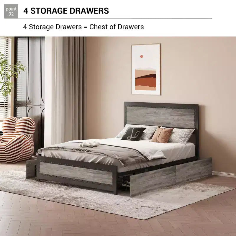 Full Size Bed Frame with 4 Storage Drawers, Metal Slats Support, No Box Spring Needed, Noise-Free Design