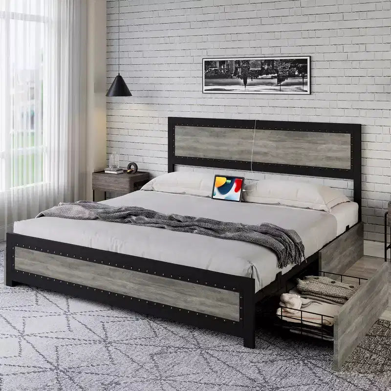 Full Size Bed Frame with 4 Storage Drawers, Metal Slats Support, No Box Spring Needed, Noise-Free Design