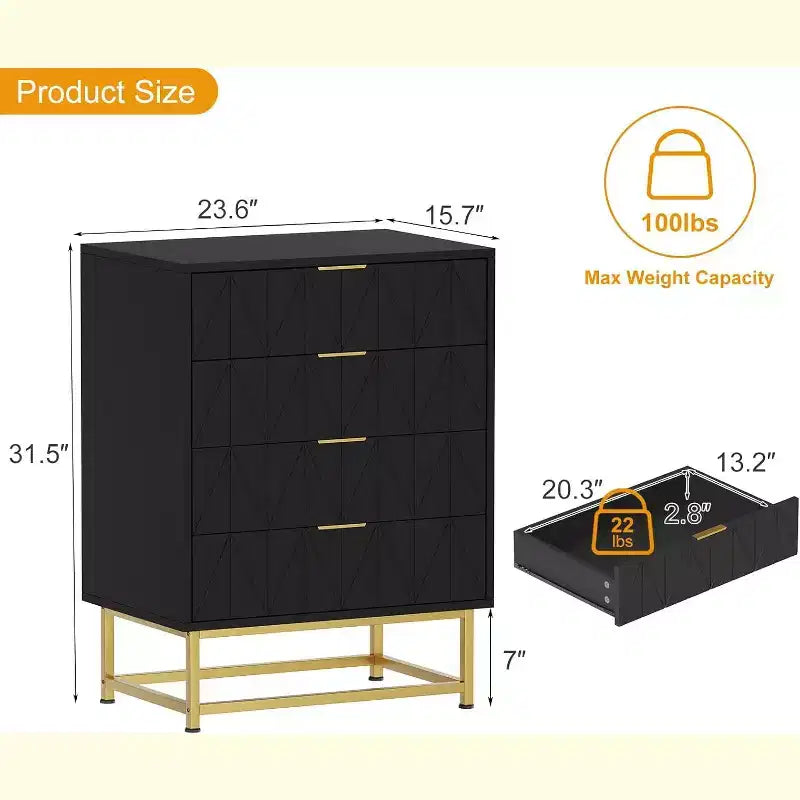TV Stand,Nightstand,Side Table, Organizer Storage with Metal Handles,4 Drawer Dresser ,Small Dresser Storage Cabinet for Bedroom, Living Room