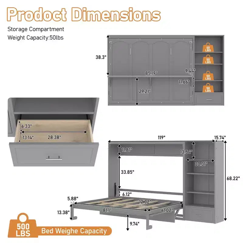 Queen Foldable Platform Bed & Murphy Bed with Height Adjustable Storage Compartments