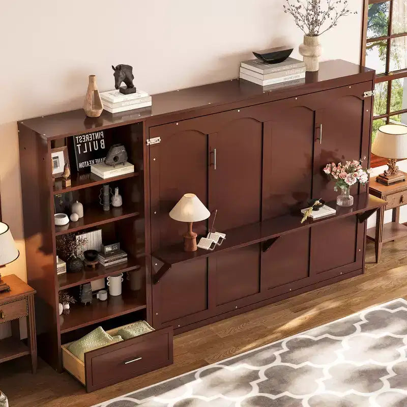 Queen Foldable Platform Bed & Murphy Bed with Height Adjustable Storage Compartments