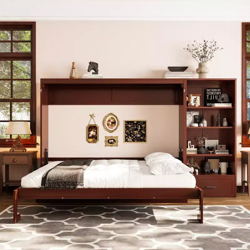 Queen Foldable Platform Bed & Murphy Bed with Height Adjustable Storage Compartments