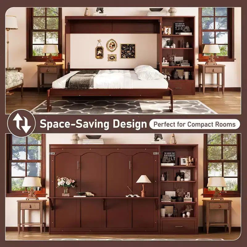Queen Foldable Platform Bed & Murphy Bed with Height Adjustable Storage Compartments