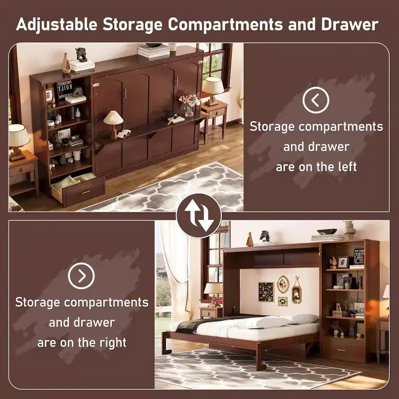 Queen Foldable Platform Bed & Murphy Bed with Height Adjustable Storage Compartments