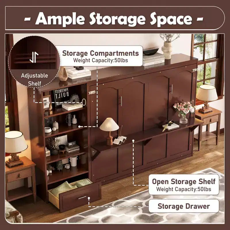 Queen Foldable Platform Bed & Murphy Bed with Height Adjustable Storage Compartments