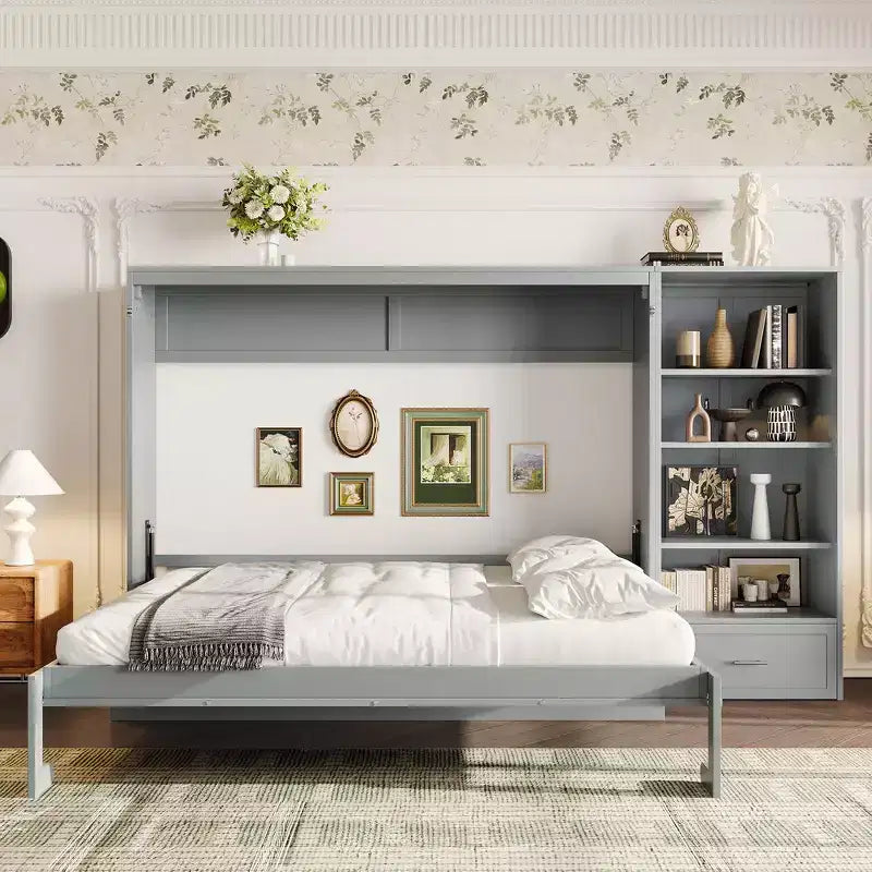 Queen Foldable Platform Bed & Murphy Bed with Height Adjustable Storage Compartments