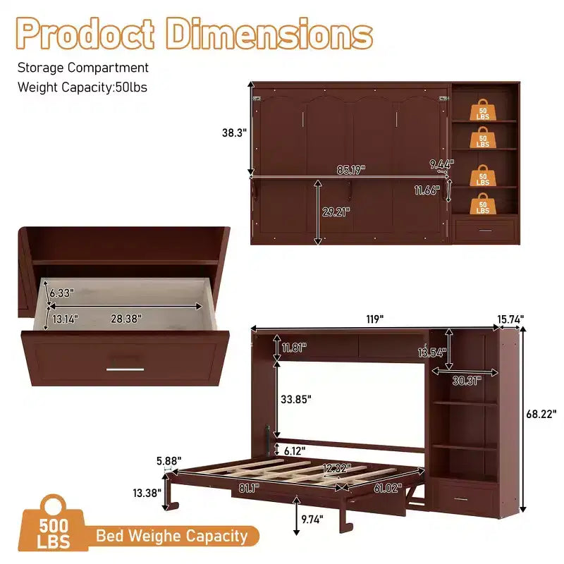 Queen Foldable Platform Bed & Murphy Bed with Height Adjustable Storage Compartments