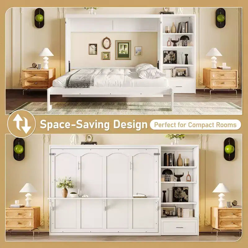 Queen Foldable Platform Bed & Murphy Bed with Height Adjustable Storage Compartments