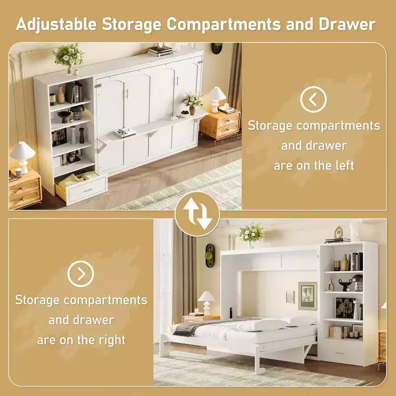 Queen Foldable Platform Bed & Murphy Bed with Height Adjustable Storage Compartments