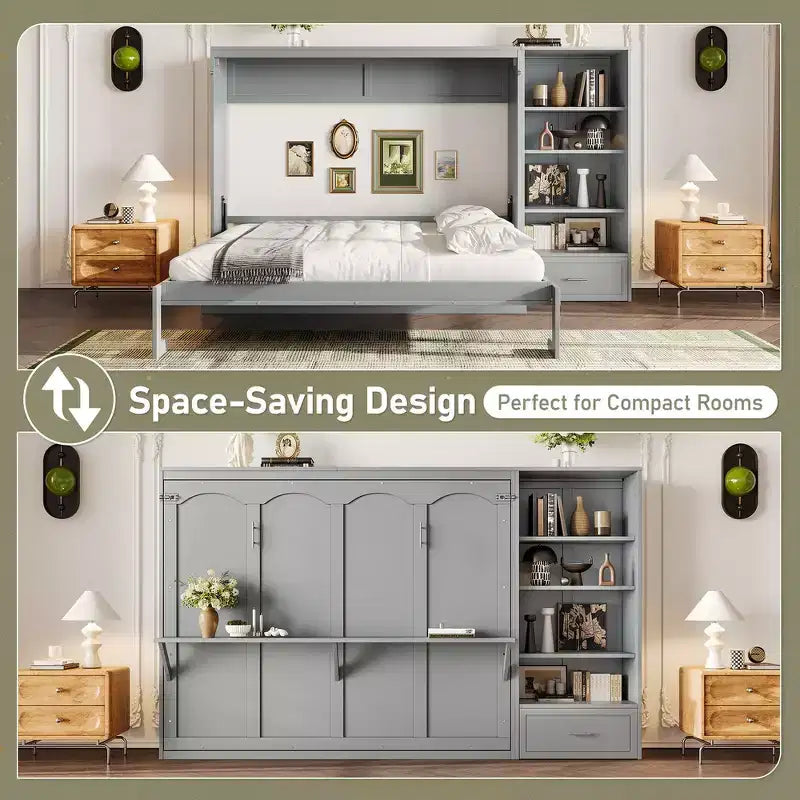 Queen Foldable Platform Bed & Murphy Bed with Height Adjustable Storage Compartments