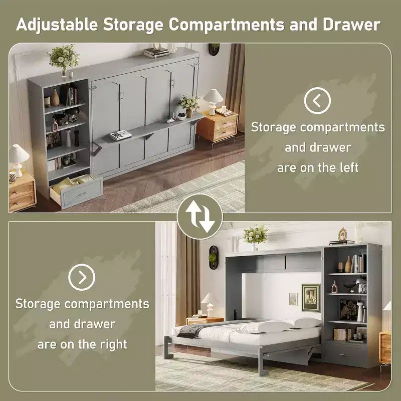 Queen Foldable Platform Bed & Murphy Bed with Height Adjustable Storage Compartments