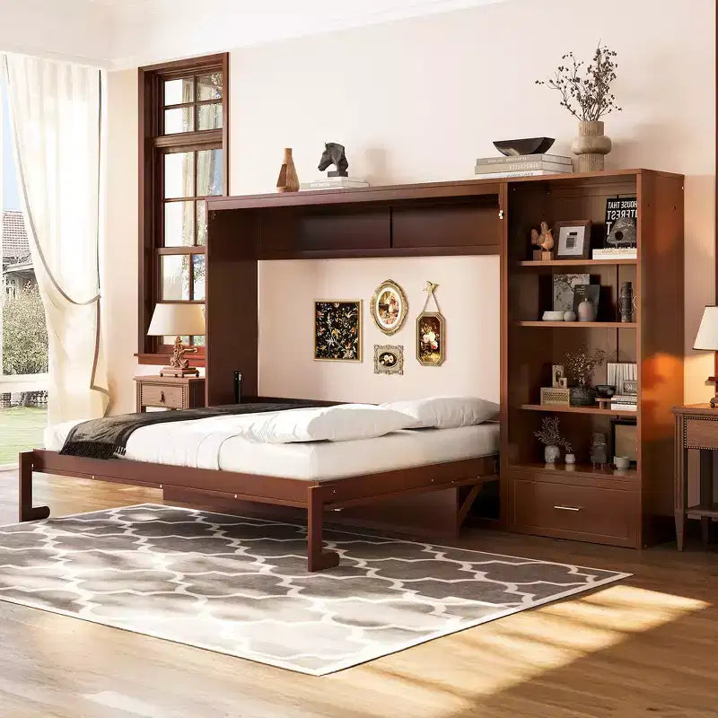 Queen Foldable Platform Bed & Murphy Bed with Height Adjustable Storage Compartments