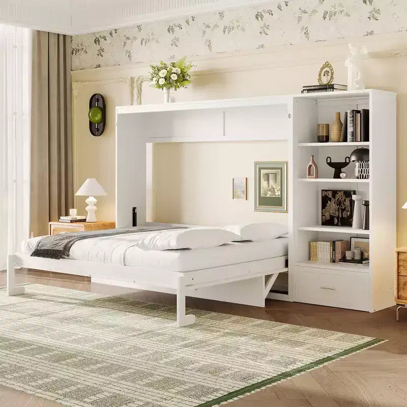 Queen Foldable Platform Bed & Murphy Bed with Height Adjustable Storage Compartments