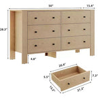 Natural Oak 6 Drawer Dresser for Bedroom, Modern Wide Dresser Organizer with Storage Drawers