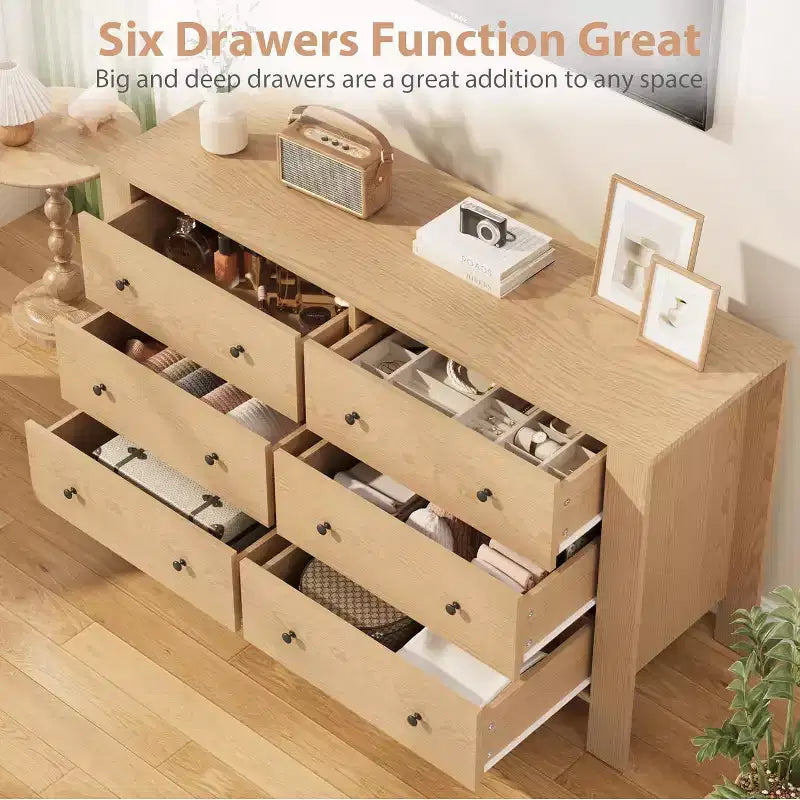 Natural Oak 6 Drawer Dresser for Bedroom, Modern Wide Dresser Organizer with Storage Drawers