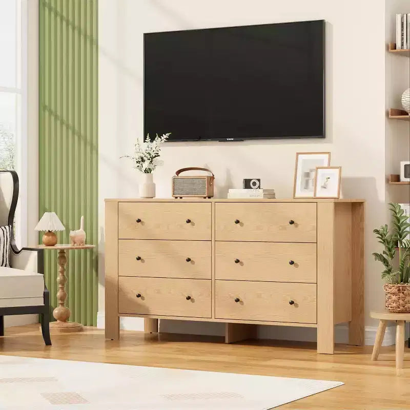 Natural Oak 6 Drawer Dresser for Bedroom, Modern Wide Dresser Organizer with Storage Drawers