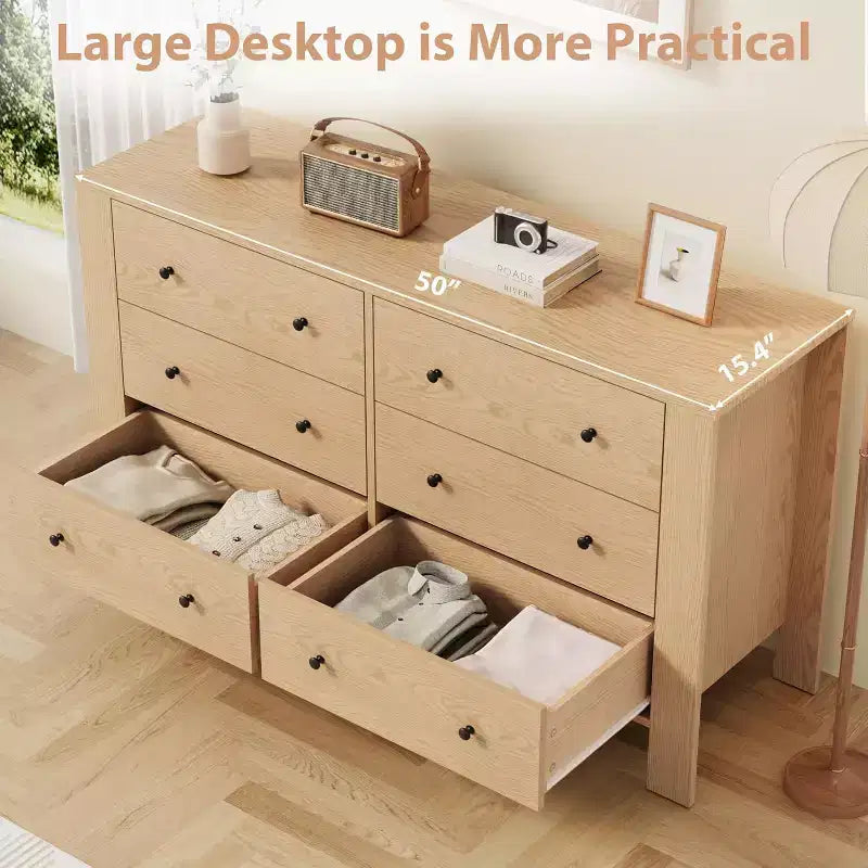 Natural Oak 6 Drawer Dresser for Bedroom, Modern Wide Dresser Organizer with Storage Drawers