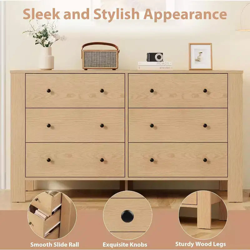 Natural Oak 6 Drawer Dresser for Bedroom, Modern Wide Dresser Organizer with Storage Drawers