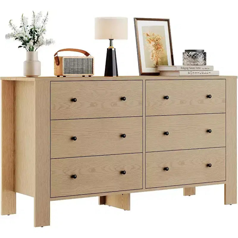 Natural Oak 6 Drawer Dresser for Bedroom, Modern Wide Dresser Organizer with Storage Drawers