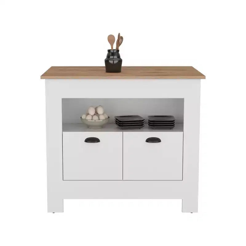 Modern Kitchen Island with 2 Cabinet Doors, Countertop Organizer with 3 Storage Shelves, Kitchen Island Table for Dining Room