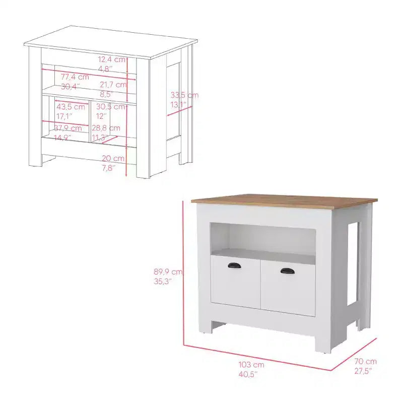 Modern Kitchen Island with 2 Cabinet Doors, Countertop Organizer with 3 Storage Shelves, Kitchen Island Table for Dining Room