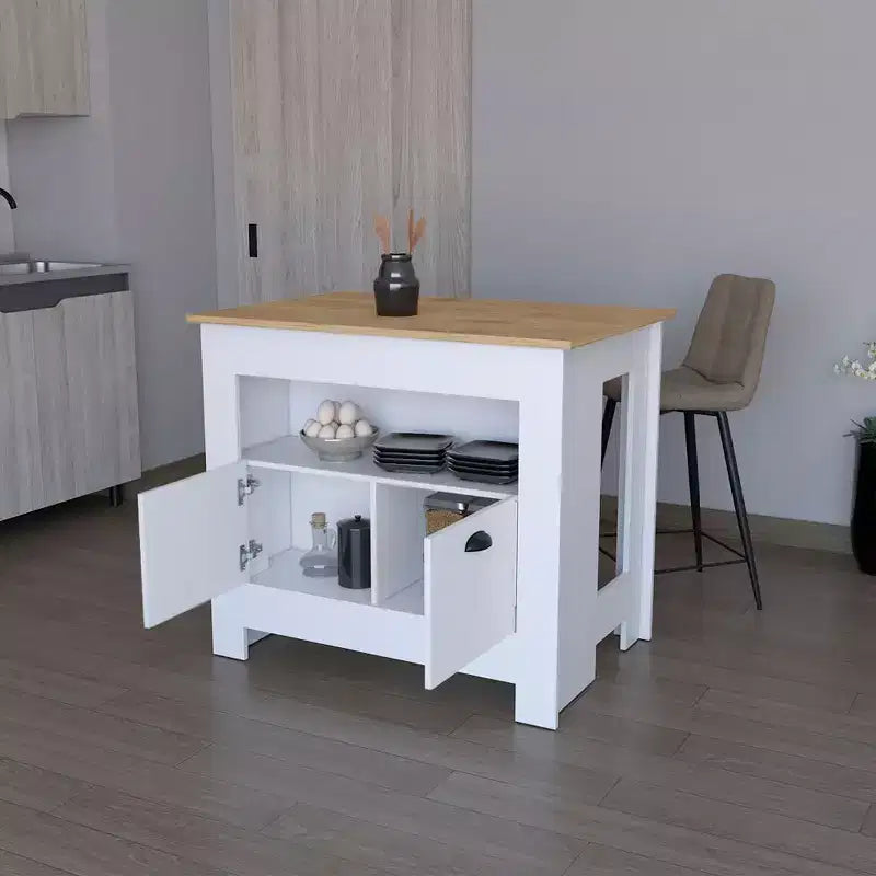 Modern Kitchen Island with 2 Cabinet Doors, Countertop Organizer with 3 Storage Shelves, Kitchen Island Table for Dining Room