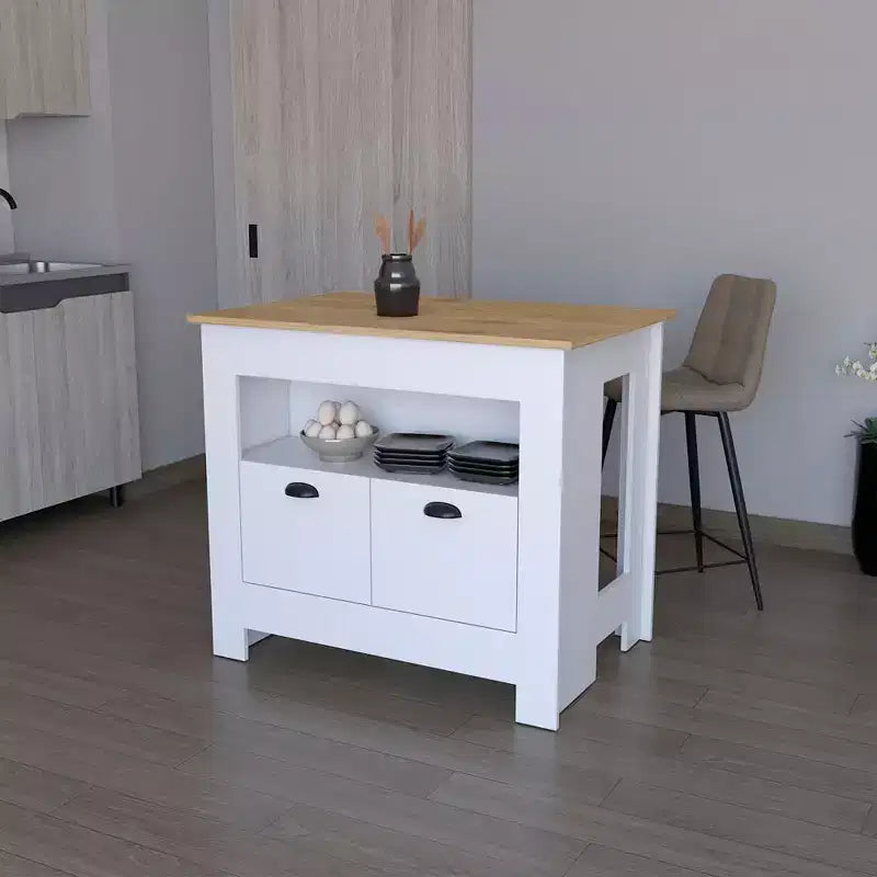 Modern Kitchen Island with 2 Cabinet Doors, Countertop Organizer with 3 Storage Shelves, Kitchen Island Table for Dining Room