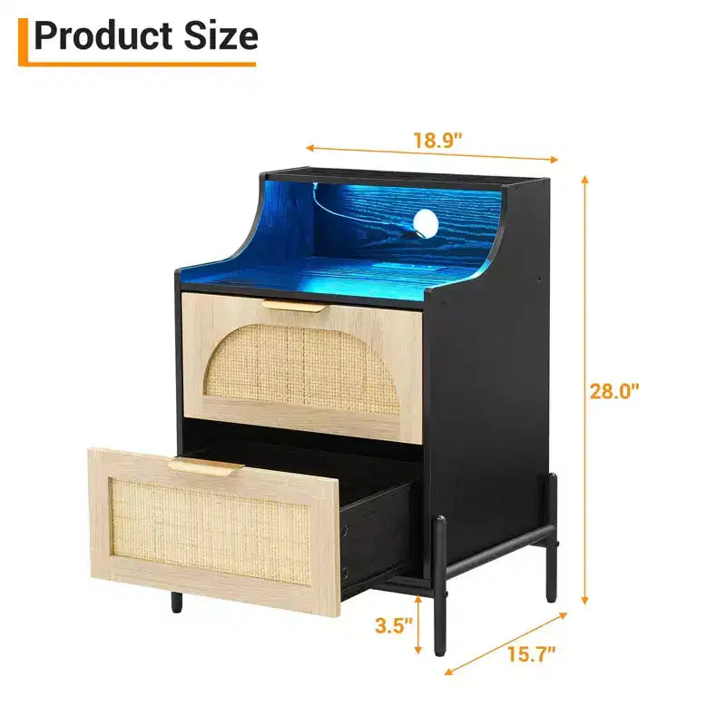 Wood Curved-Edge Bedside Table with Light, Three-Drawer Bedroom/Living Room Accent Table, Natural Compact Nightstand