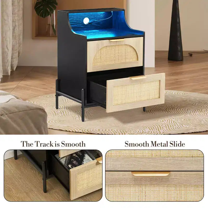 Wood Curved-Edge Bedside Table with Light, Three-Drawer Bedroom/Living Room Accent Table, Natural Compact Nightstand