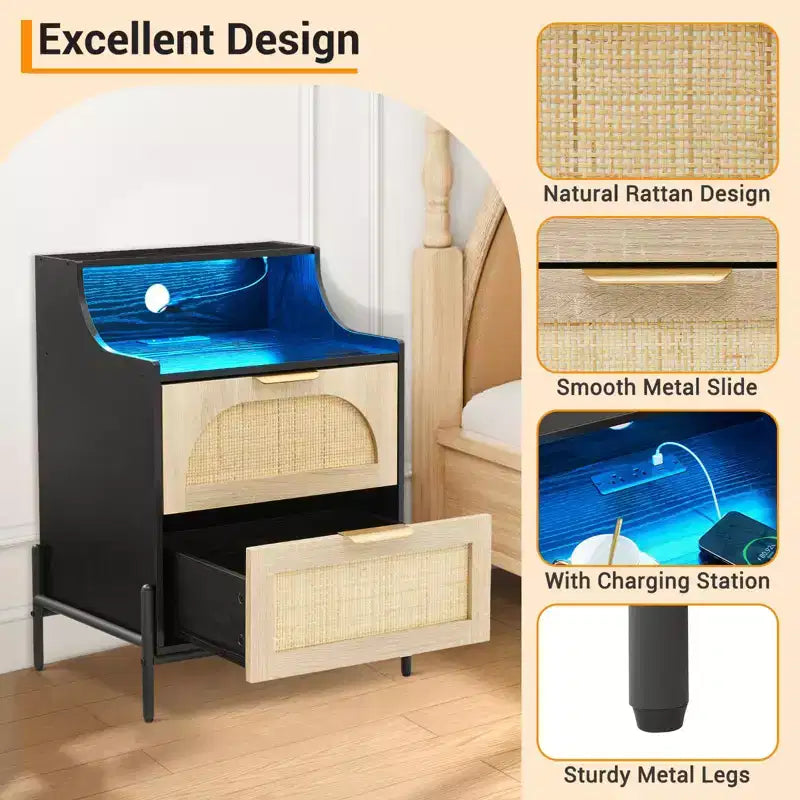 Wood Curved-Edge Bedside Table with Light, Three-Drawer Bedroom/Living Room Accent Table, Natural Compact Nightstand